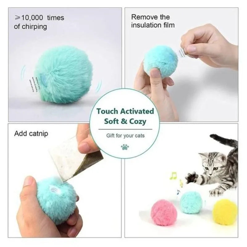 Interactive cat toy ball in blue, pink or yellow with smart sensor triggering animal sounds when touched