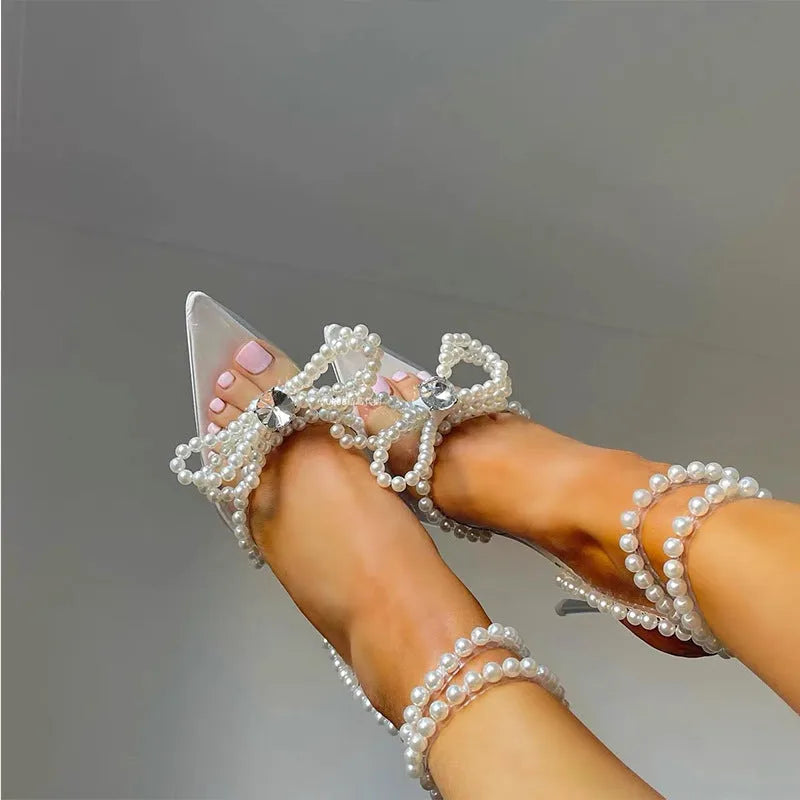 Women low heel silver crystal pearl bow transparent PVC sandals pointed toe rubber foam sole