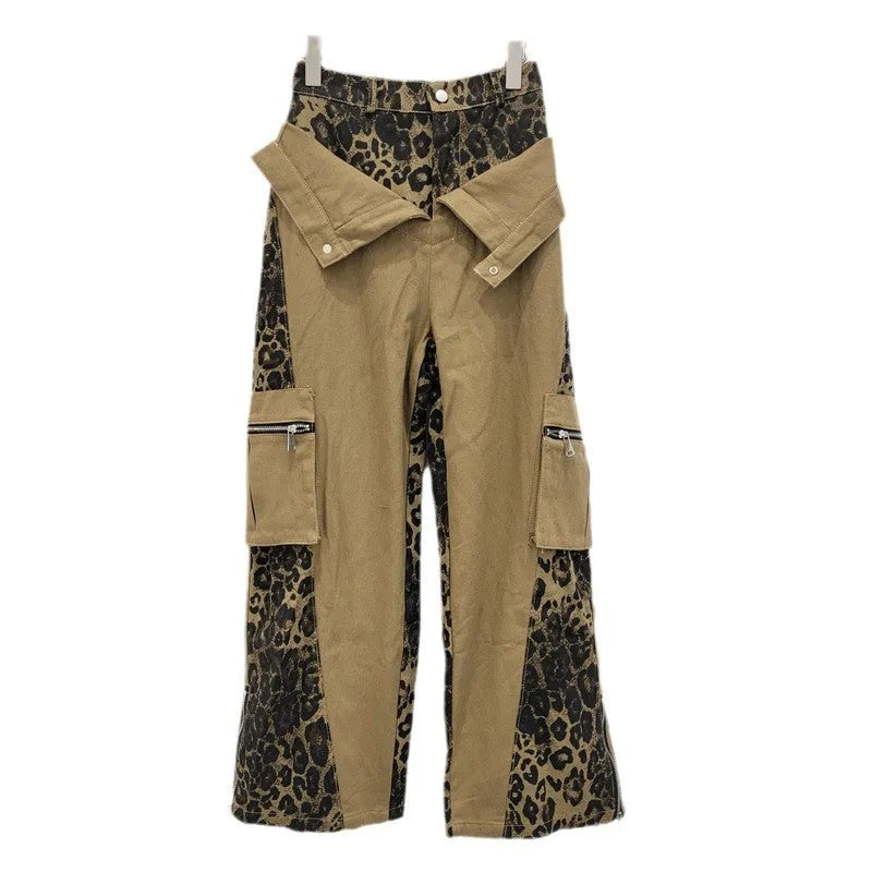 Dark khaki high waist jeans with leopard print and fake two-stitching tooling details