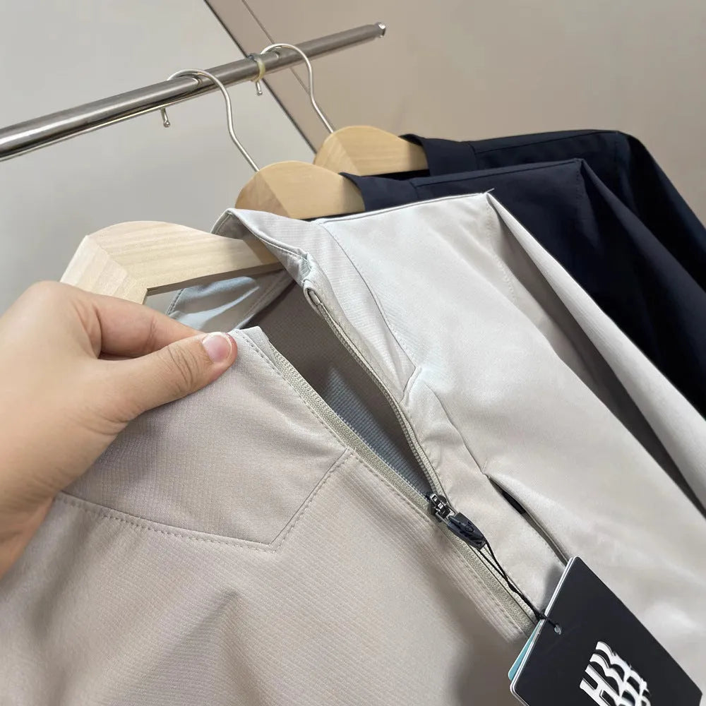 Men's stand collar sports casual jacket, long sleeve, straight hem, polyester, black dark blue or milky white