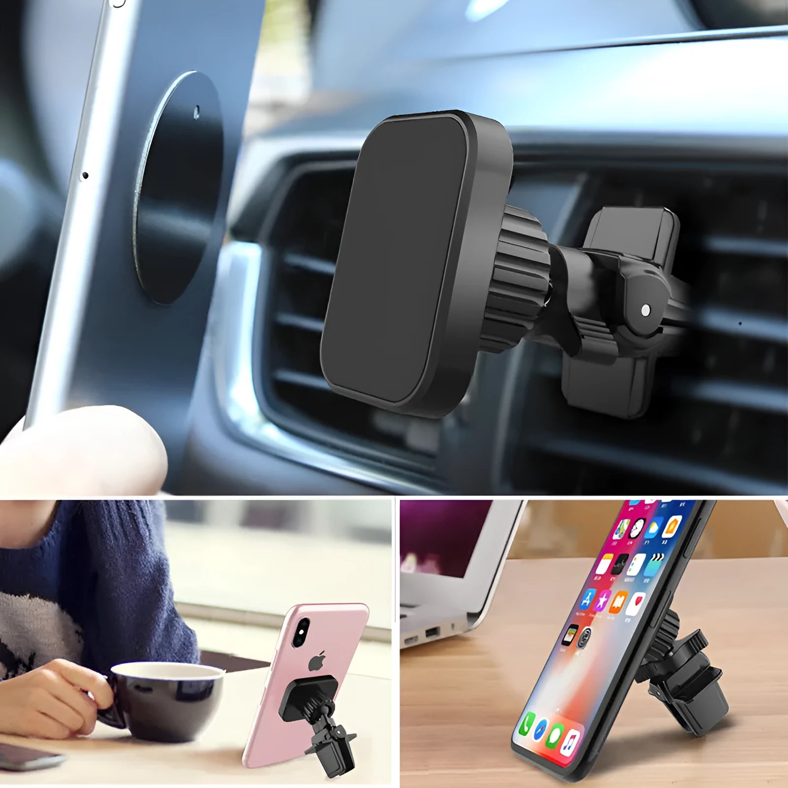 Magnetic car phone holder mounted on air vent with smartphone attached