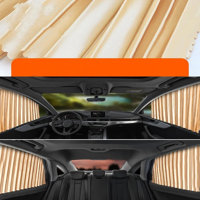 Retractable car sunshade curtain with roller shutter mechanism in thick opaque cloth material