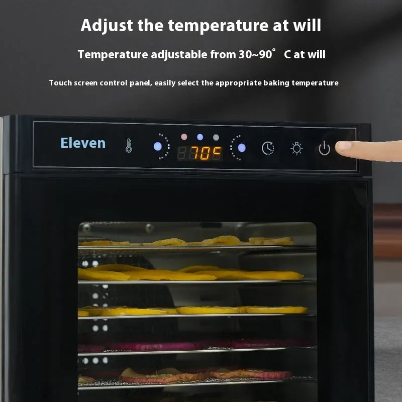 Stainless steel fruit dehydrator with multiple trays, LED control panel, and visual skylight window.