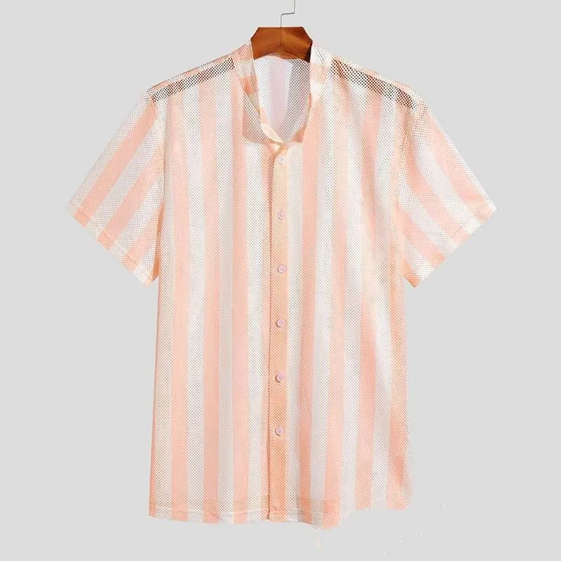 Pink waffle knit men's cardigan shirt with short sleeves laid flat