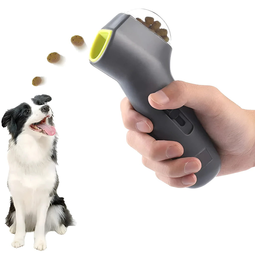 Grey pet snack catapult launcher measuring 18cm with spring trigger for 2-3 metre treat ejection