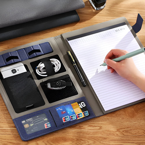 A4 leather business folder in black colour showing document storage and accessory features