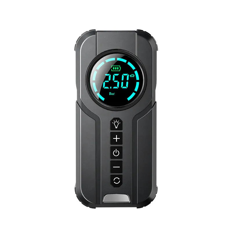 Portable wireless car tyre inflator pump with battery, 12V cable, nozzles, and carry bag on a table