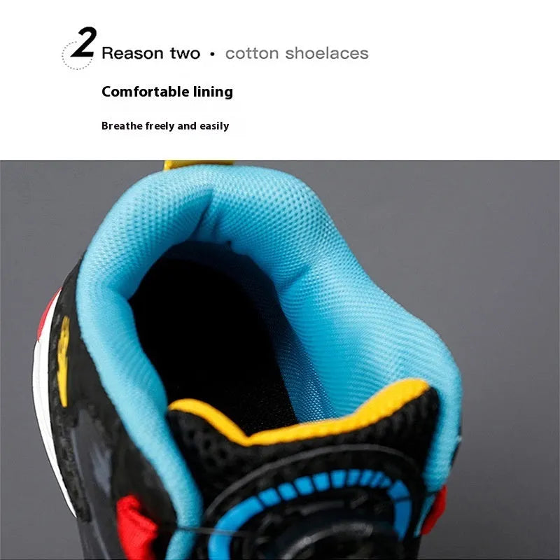 Boys' black basketball shoes with a rotating button closure and a white PU sole.