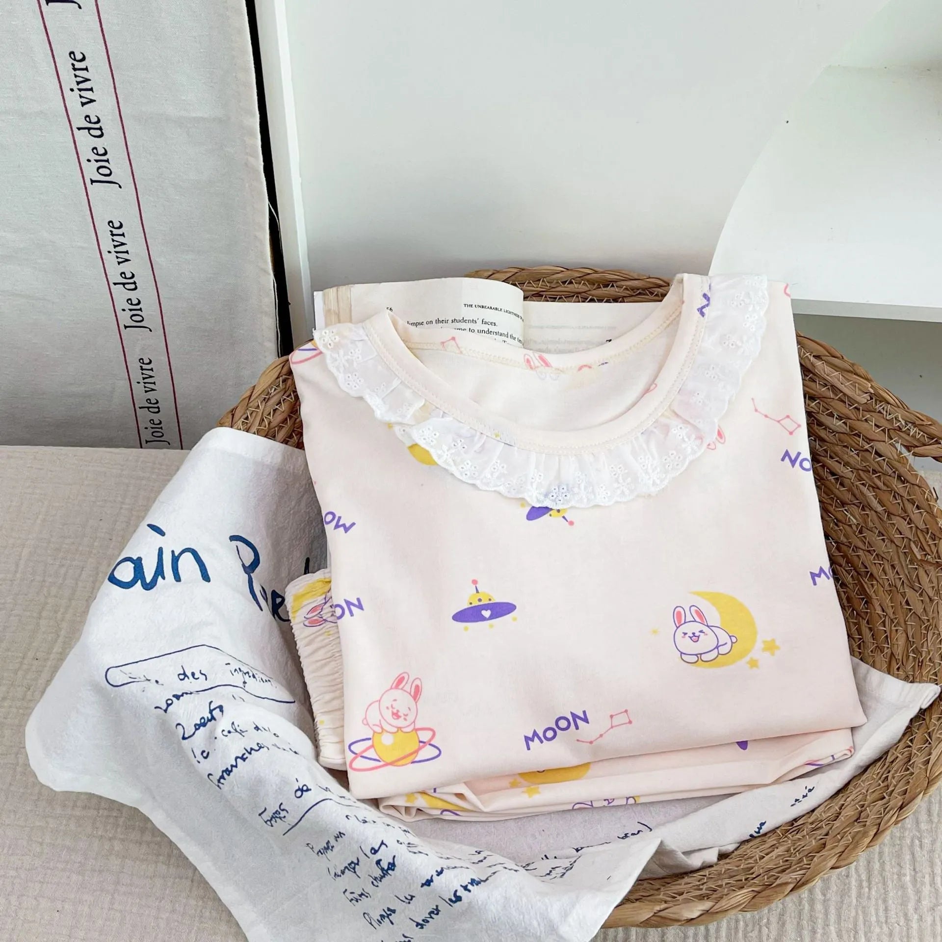 Girls cotton pyjama set with pink cartoon rabbit print, summer homewear, suitable for height 110-170cm