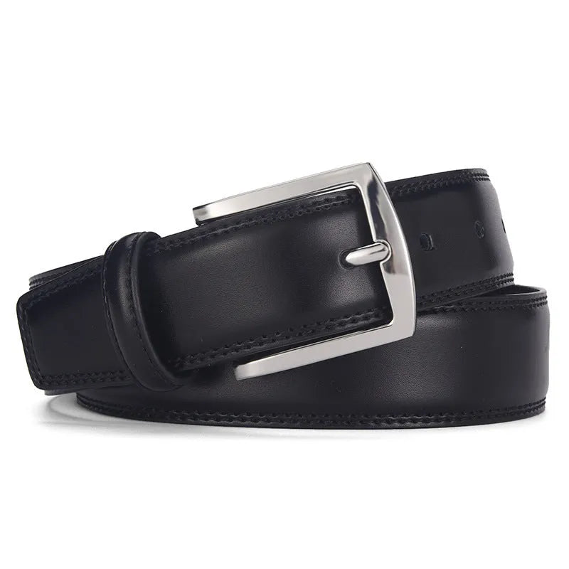 Men's black genuine leather belt with an alloy pin buckle, shown with a length measurement chart.