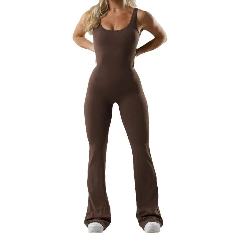 Seamless tight yoga bodysuit jumpsuit in milk silk fabric with built-in chest pad and mid waist design
