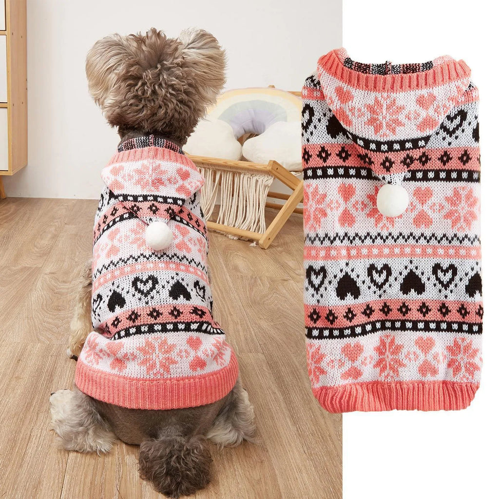 Knitted dog sweater with snowflake and love heart patterns for small breed bichon dogs