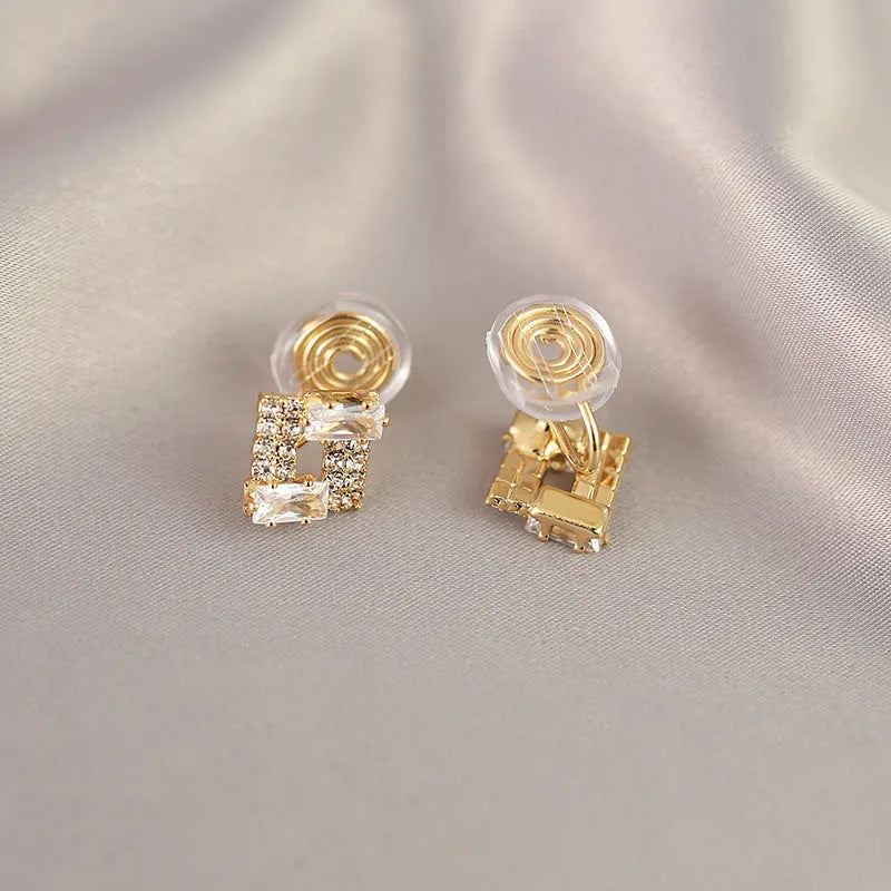 Light luxury geometric alloy earrings with 565 refined zircon, electroplated finish, for women, small exquisite cold style
