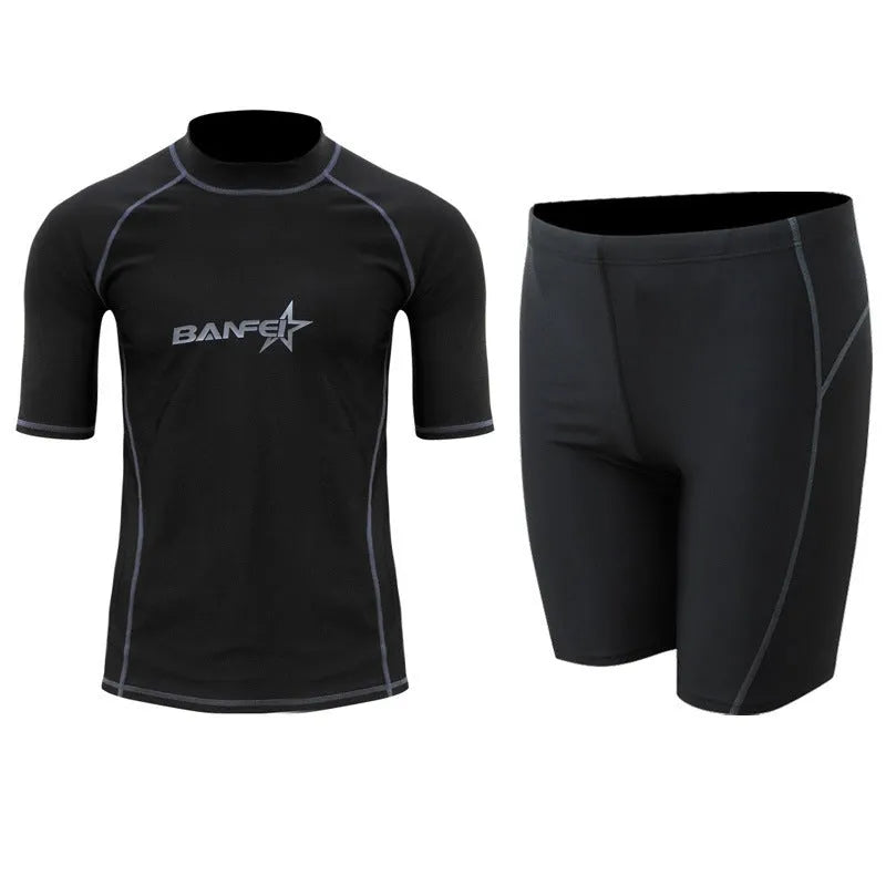 Men's blue quick-dry half sleeve swimsuit for surfing and snorkelling with nylon fabric