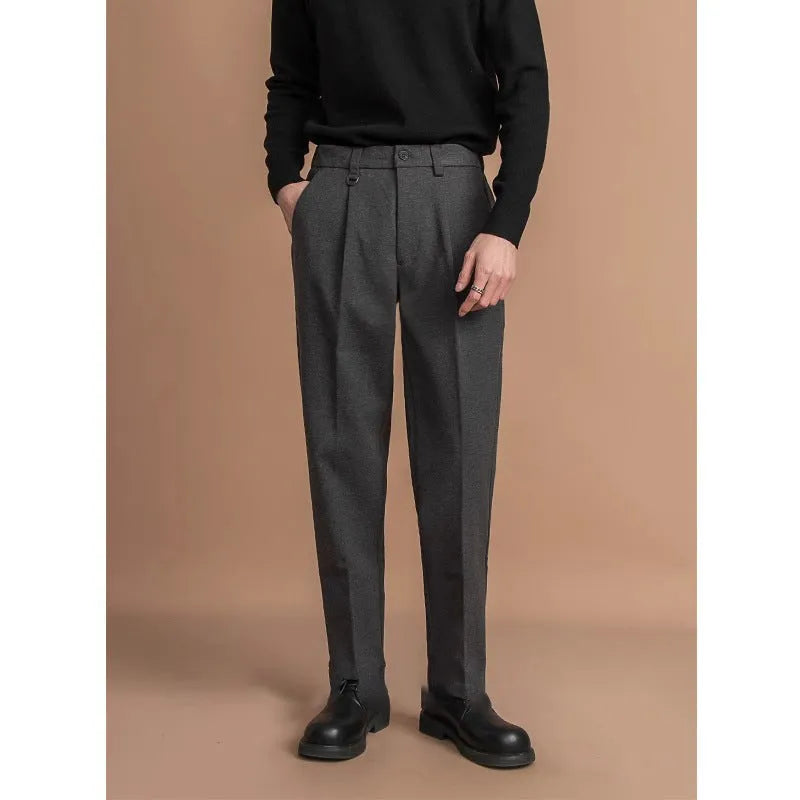 Men's straight-leg draped trousers in four colours: black, dark grey, khaki and brown