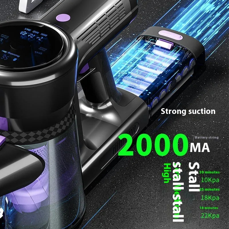 Handheld vacuum cleaner with brushless motor, foldable design, black and purple standard colour