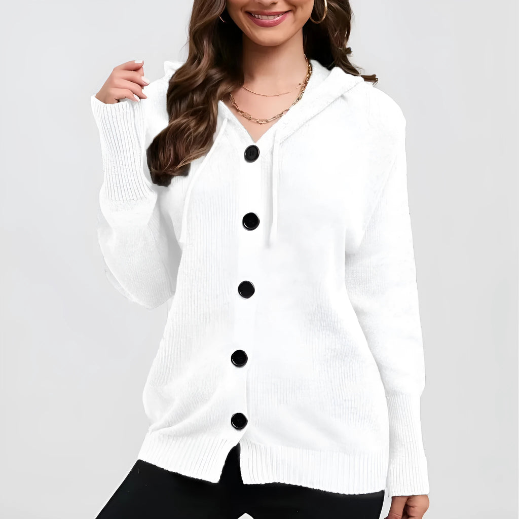 Women's thick cotton hooded cardigan sweater in solid colour with single-breasted closure.