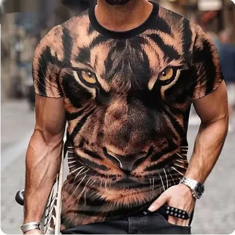 Men's grey T-shirt with a bold red 3D lion print on the chest.