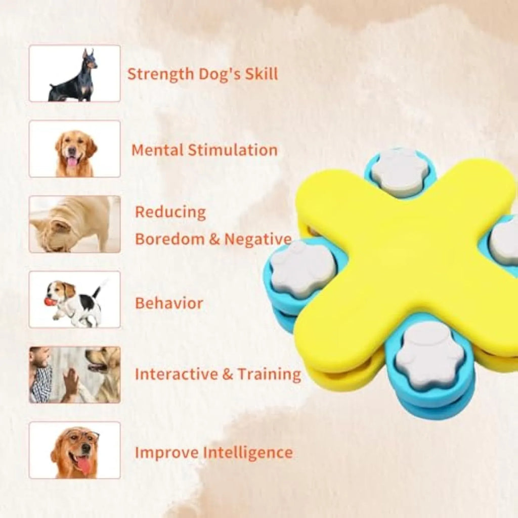 Yellow dog puzzle feeder toy with three-layer rotating lid and anti-slip rubber pads on base.