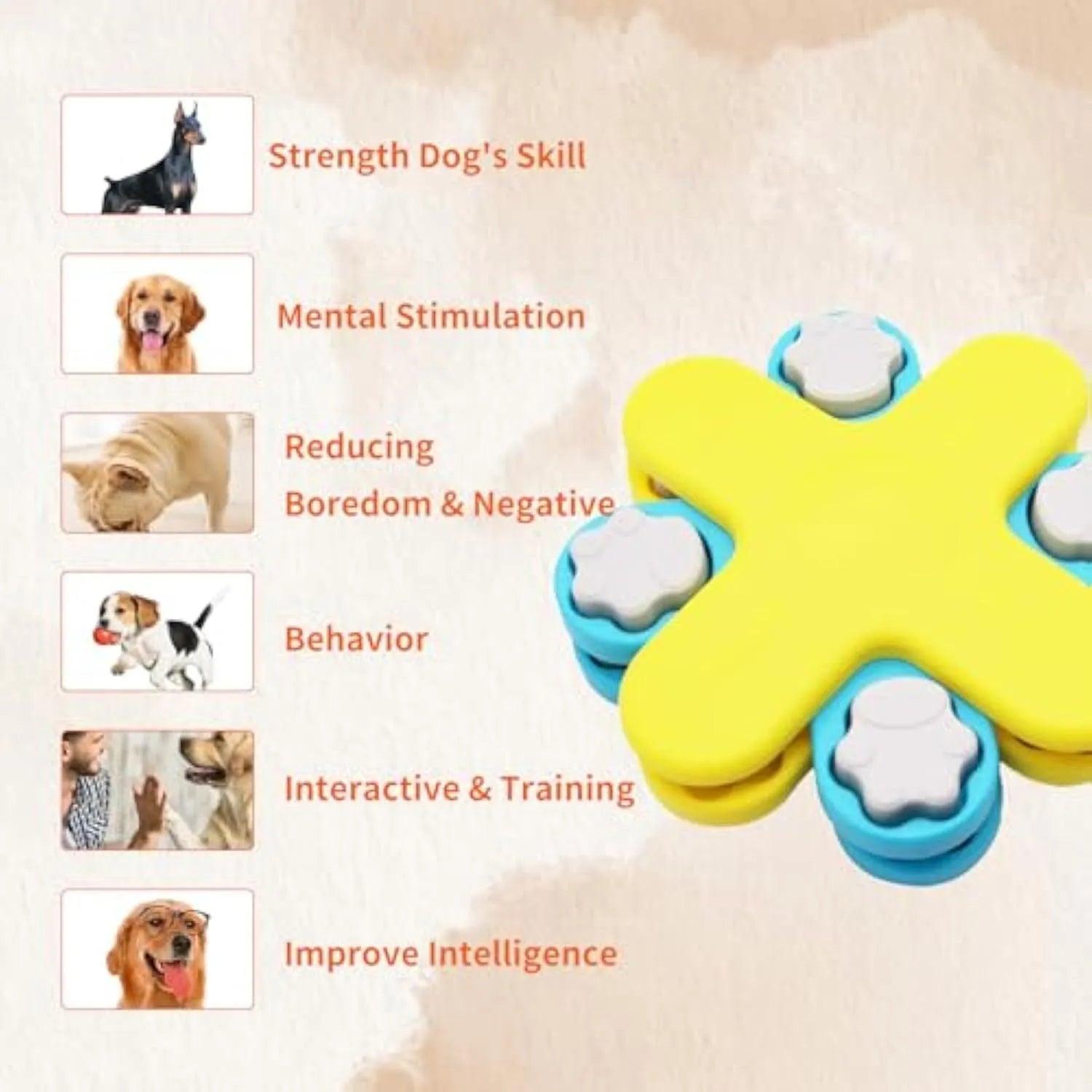 Yellow dog puzzle feeder toy with three-layer rotating lid and anti-slip rubber pads on base.