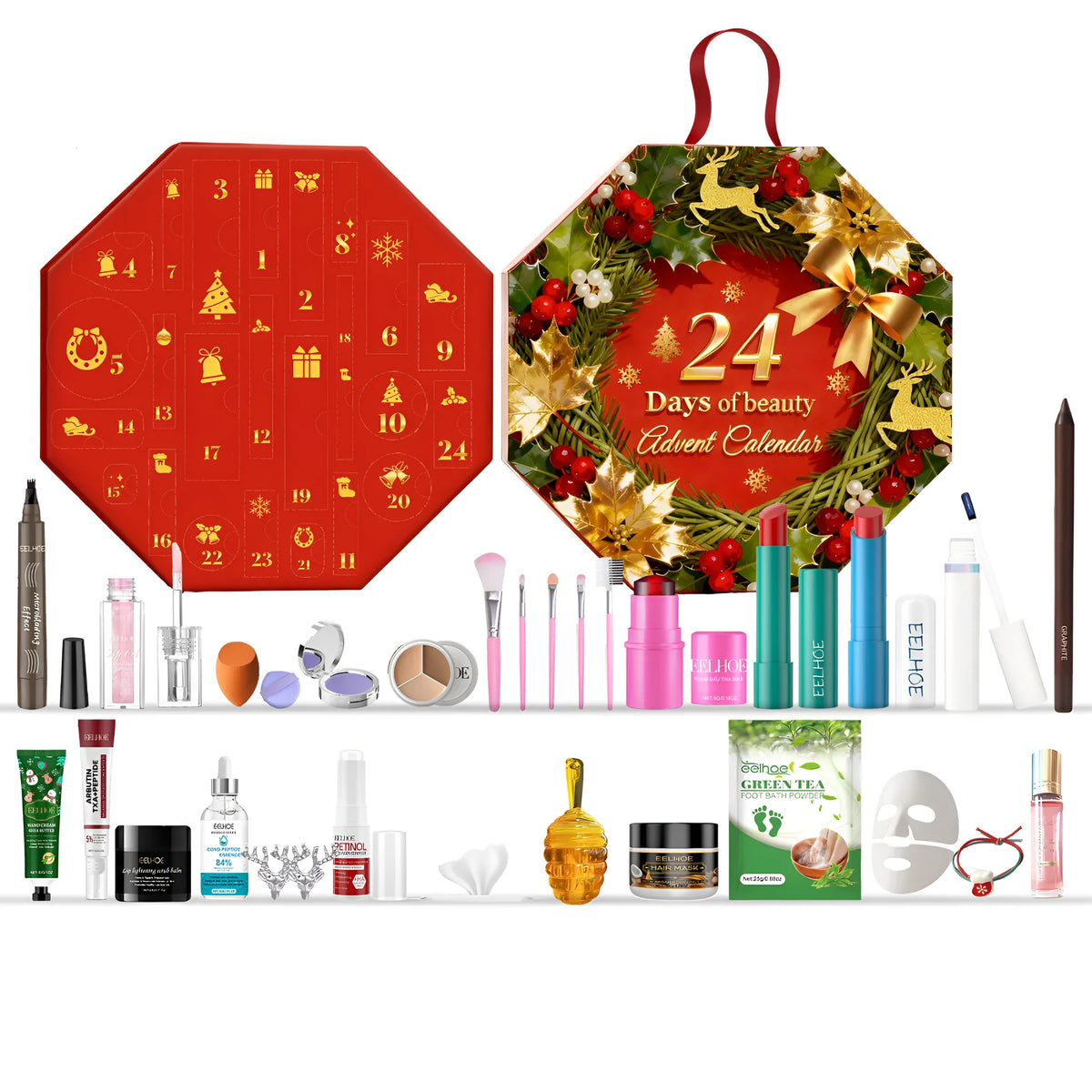 Christmas Beauty Cosmetics Integrated Blind Box with 24 surprise makeup boxes in a festive display
