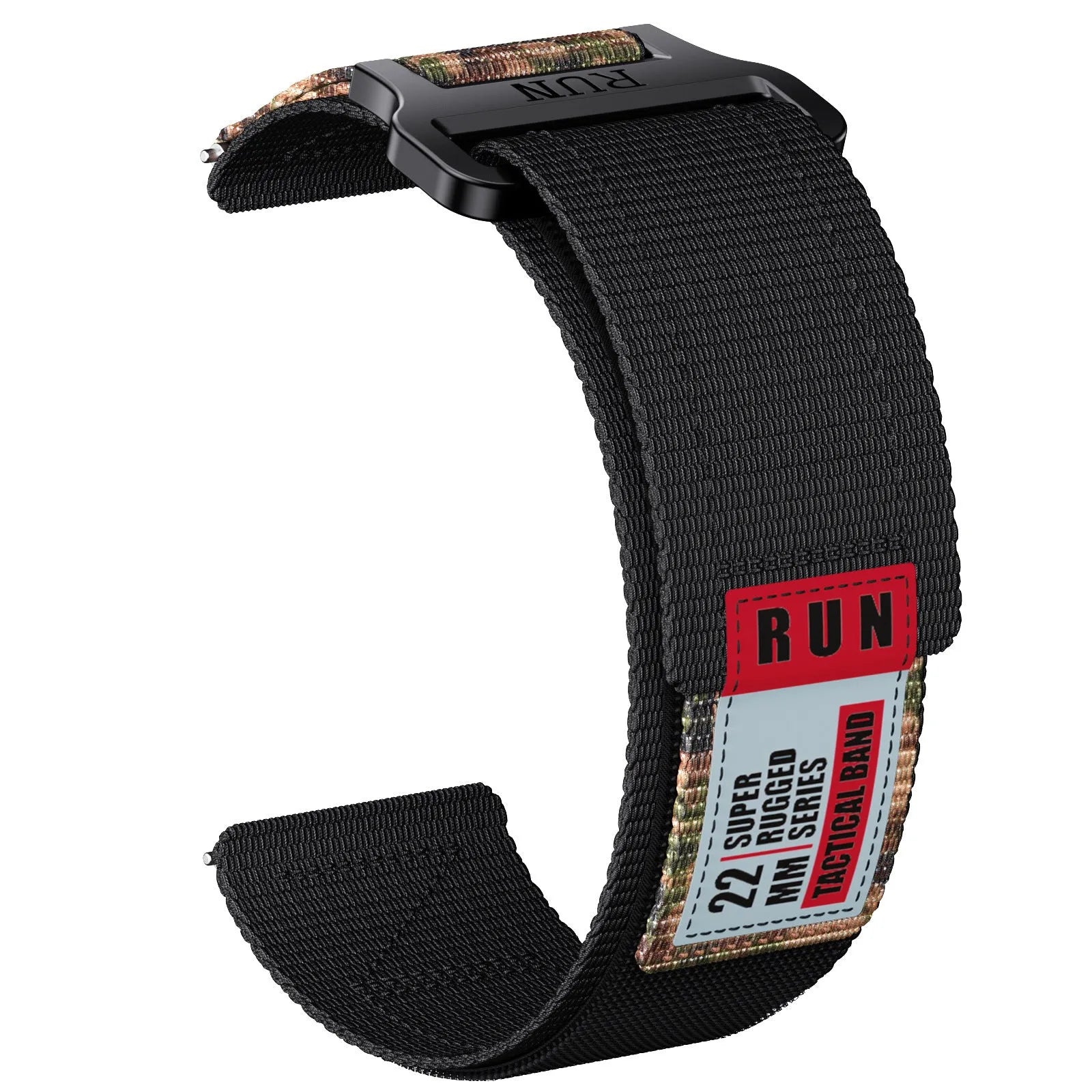 Black nylon woven sports tactical watch strap with metal buckle on a grey background