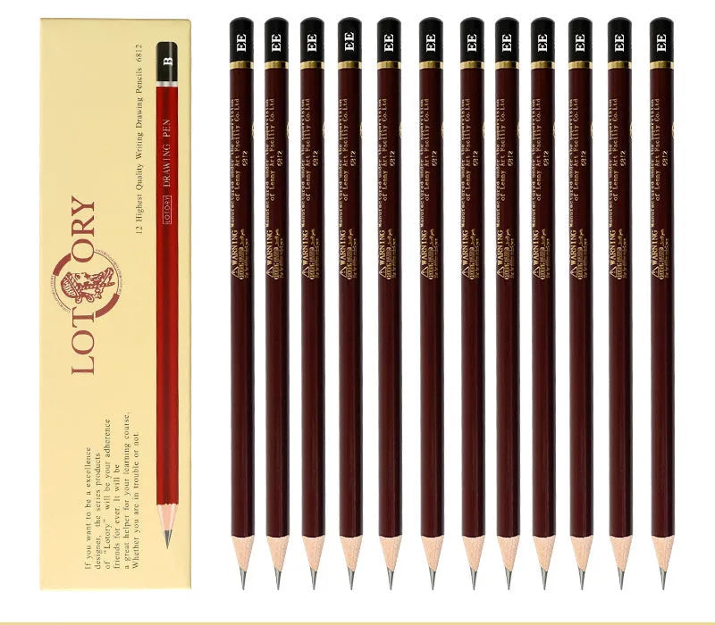 Assorted charcoal pencils in various hardness grades from HB to 12B in a box