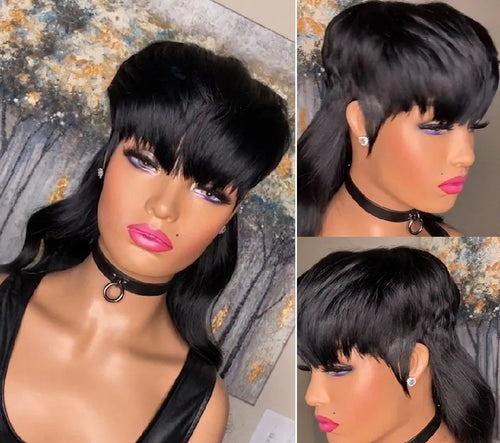 Black Brazilian long wig with bangs, made from high-temperature fibre.