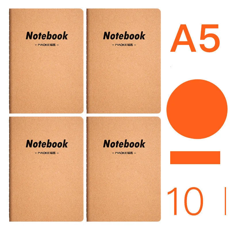 Pack of 10 A5 and B5 soft cover kraft paper notebooks with various designs, showing thread binding.
