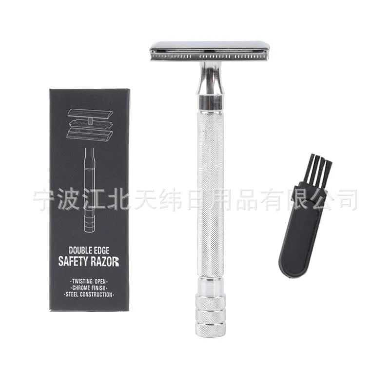 Traditional manual beard shaver with metal scraper and wooden brush grooming kit