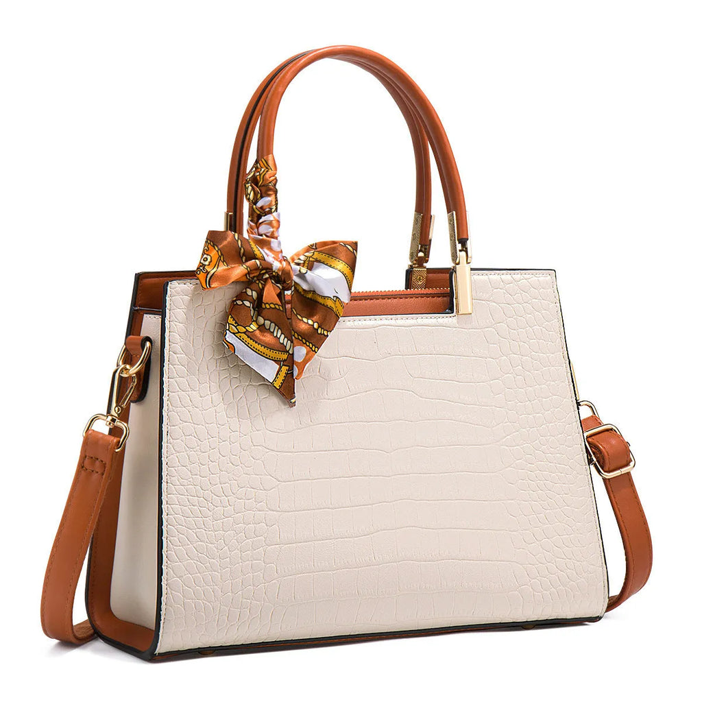 Milky white women's PU leather handbag with horizontal square shape and multiple interior compartments