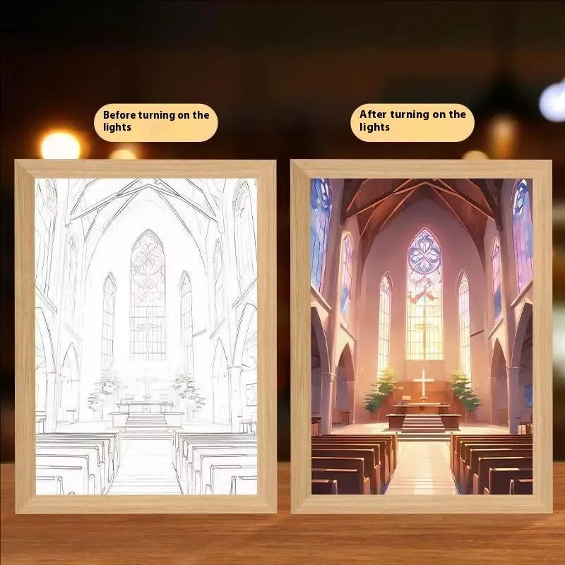 Rectangular LED digital picture frame displaying spiritual artwork with handmade construction