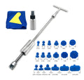 Automotive dent repair tool with metal T-hammer and blue adhesive tabs for car body repair