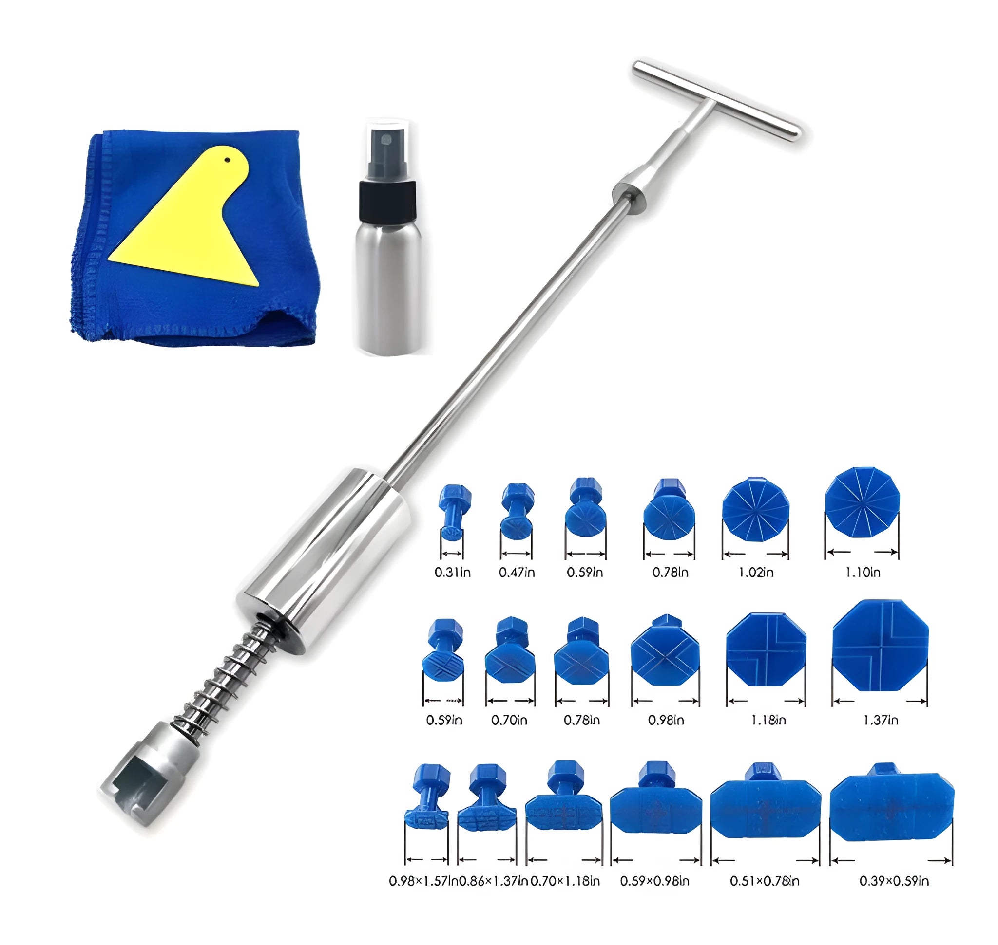 Automotive dent repair tool with metal T-hammer and blue adhesive tabs for car body repair