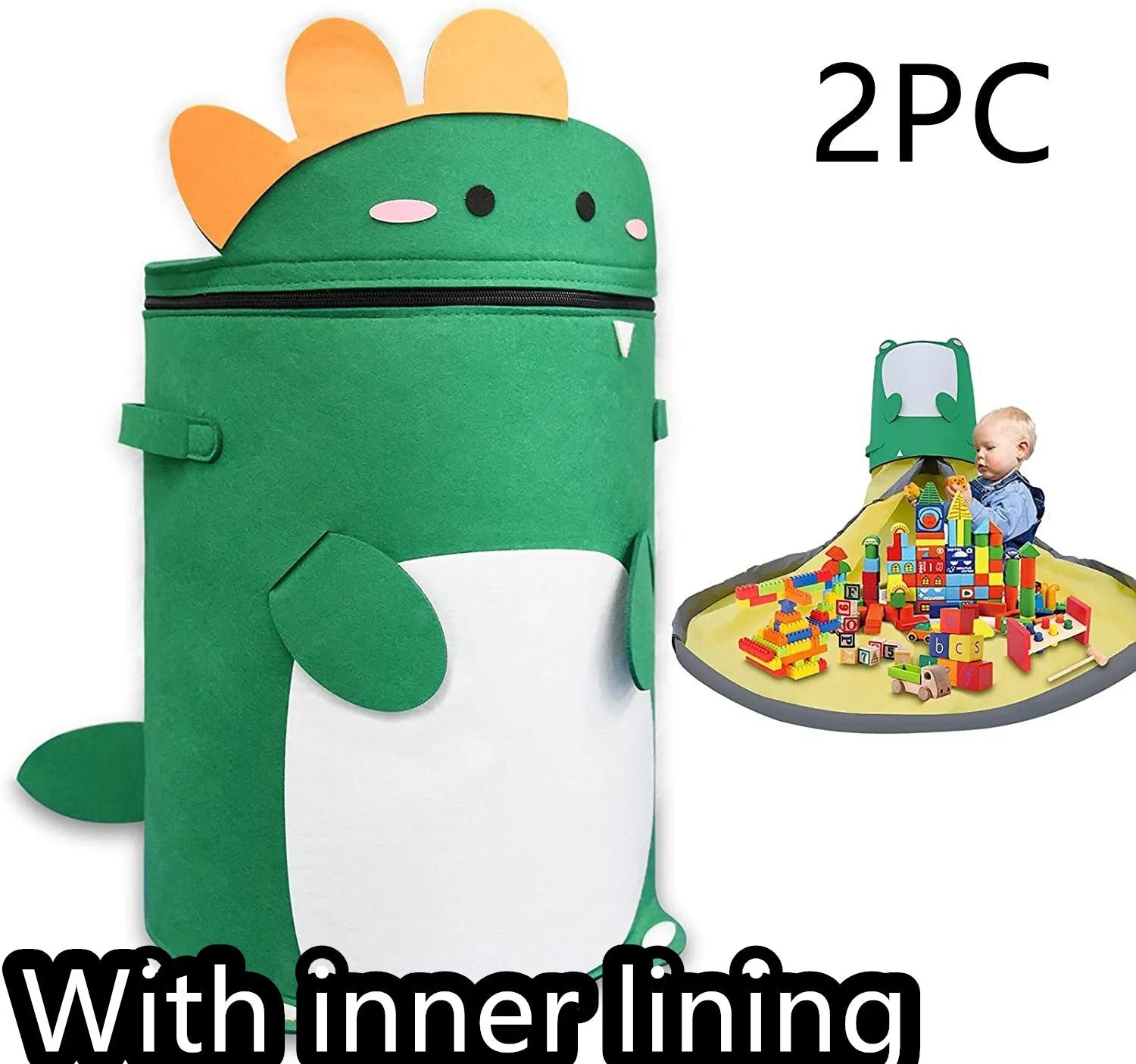 Green felt cube storage bag with pull rope, shown both as a closed bag and flattened as a play mat.