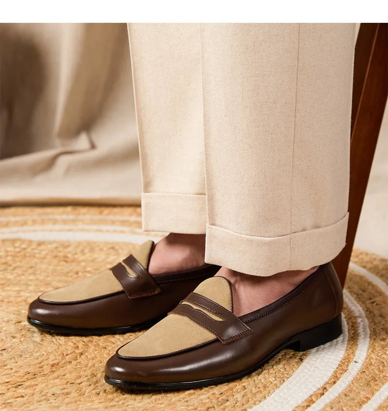 Coffee grey suede leather loafers with a slip-on design and rubber sole