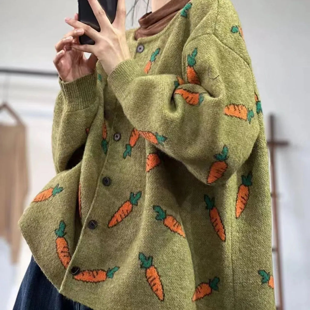 Loose round neck cardigan with Mori artistic colour contrast printing, viscose fabric