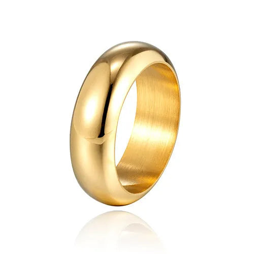 Glossy electroplated titanium steel ring in gold, black, and steel colours on a jewellery background.