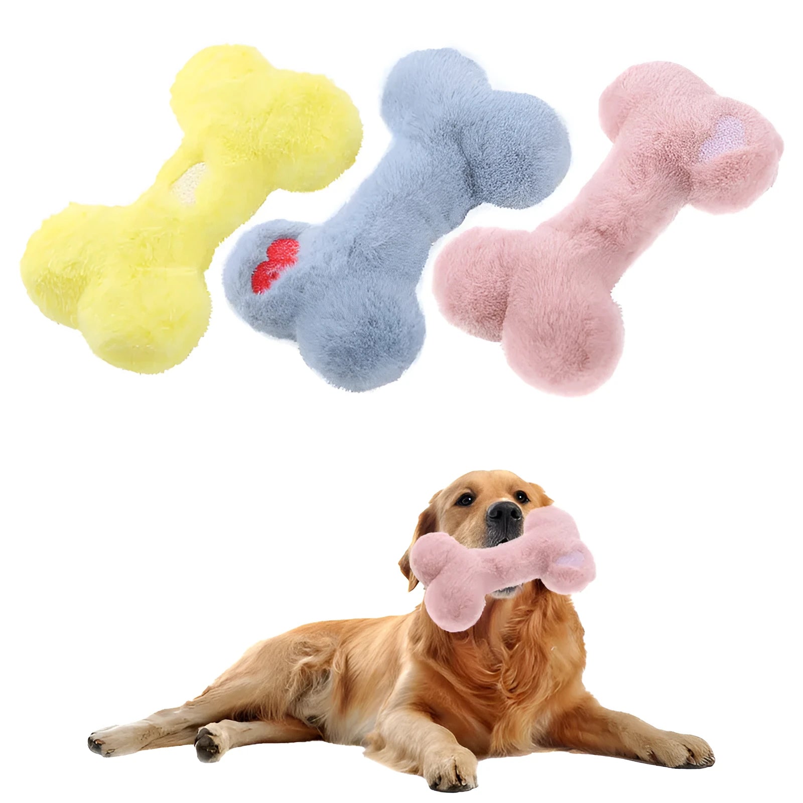 Blue love bone shaped plush dog toy with squeaker for interactive biting and chewing play