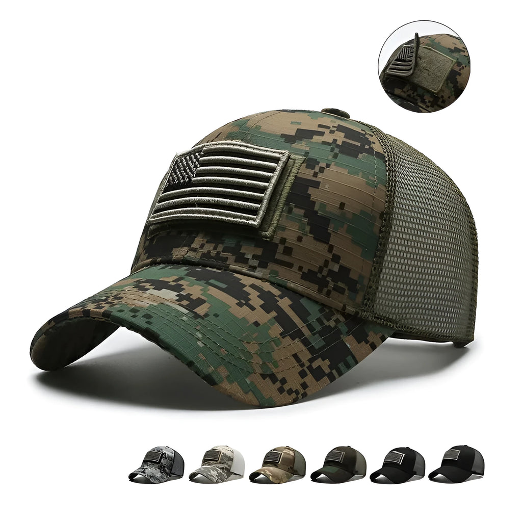 Adjustable tactical camouflage baseball hat with Velcro tear mark patches in dome style