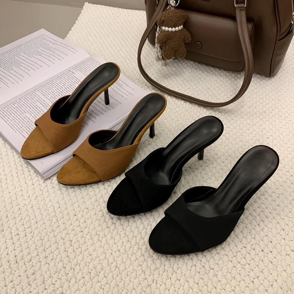 Women's suede high heel slippers fish mouth open toe in khaki and black sizes 35-43