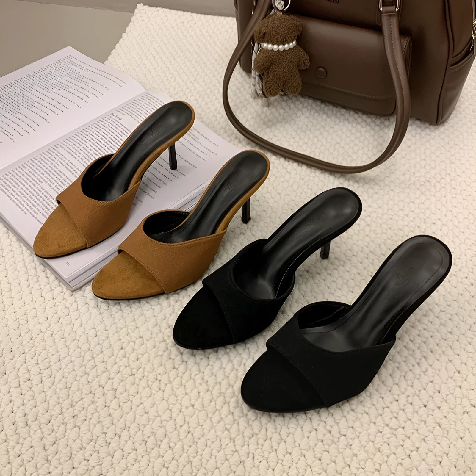 Women's suede high heel slippers fish mouth open toe in khaki and black sizes 35-43