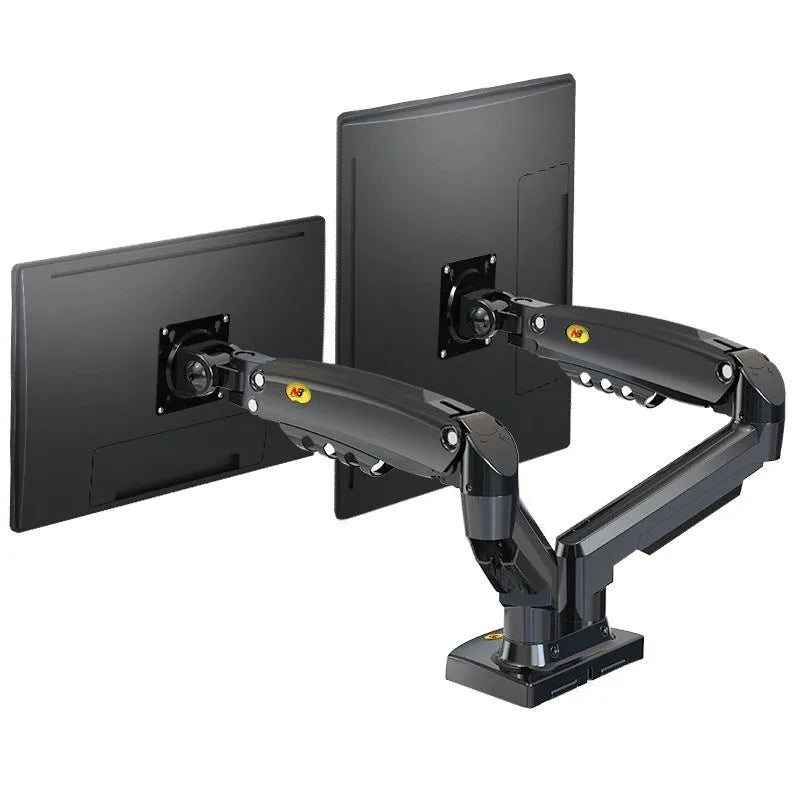 Dual monitor lifting bracket in dual screen colour, showing VESA mounting plates and aluminium alloy frame.