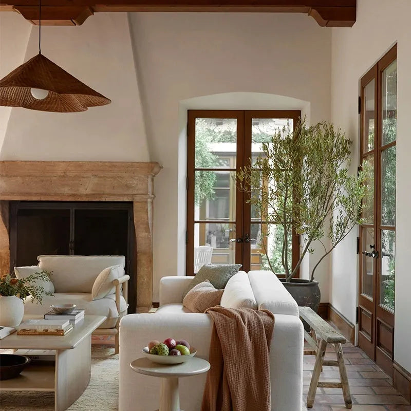 Natural rattan woven pendant ceiling lamp in Zen style, shown in 50cm, 60cm, and 80cm diameter options.