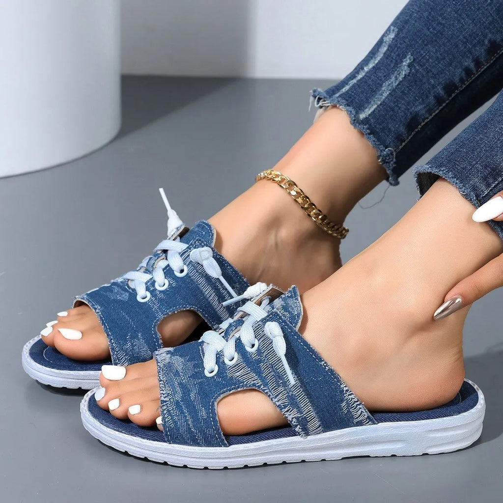 Blue women's Roman style canvas slippers with cloth upper and rubber sole in sizes 36-43