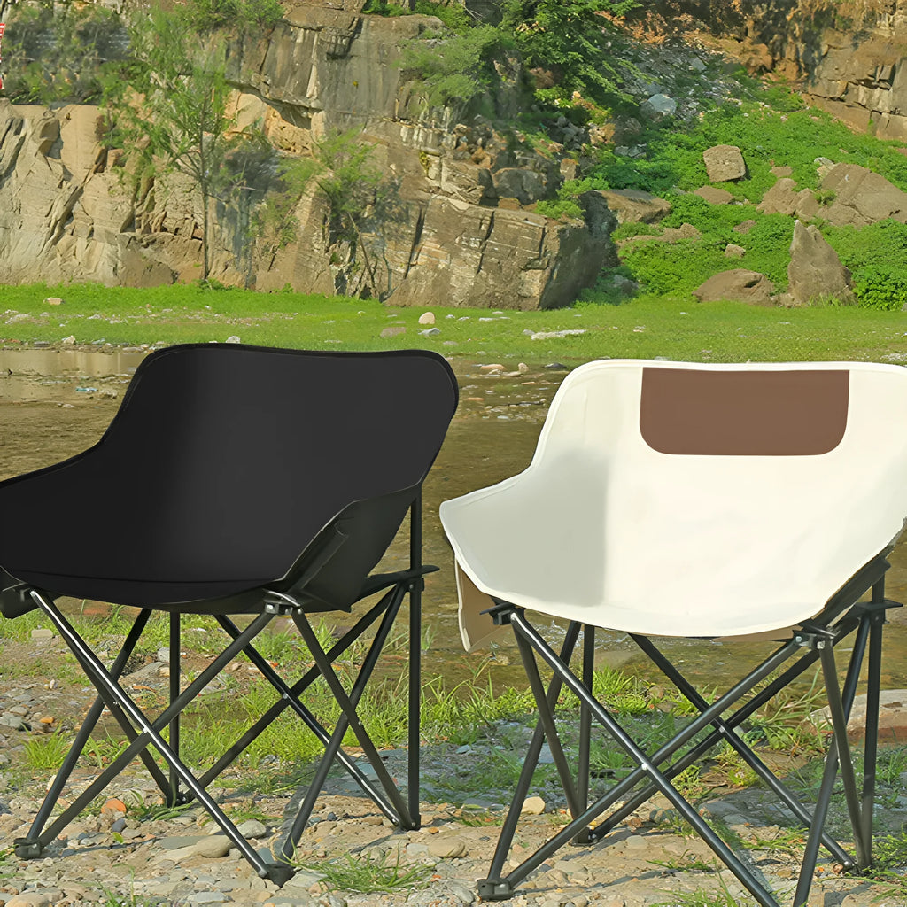 Steel-framed folding chair with Oxford cloth seat in outdoor setting