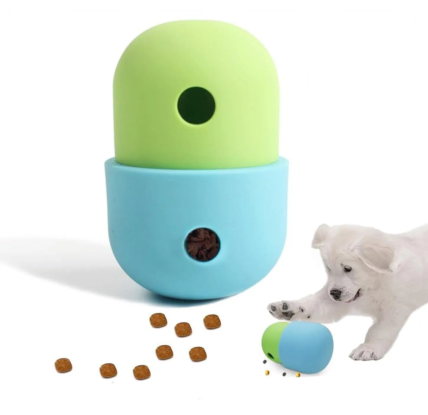 Silicone dog puzzle treat ball in white and blue colour for small medium dogs