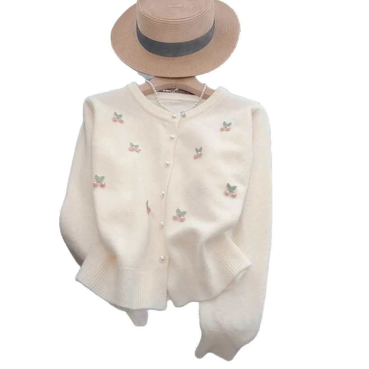 Women's slim fit cashmere blend cardigan coat with beaded details in blue, pink, red, and white.