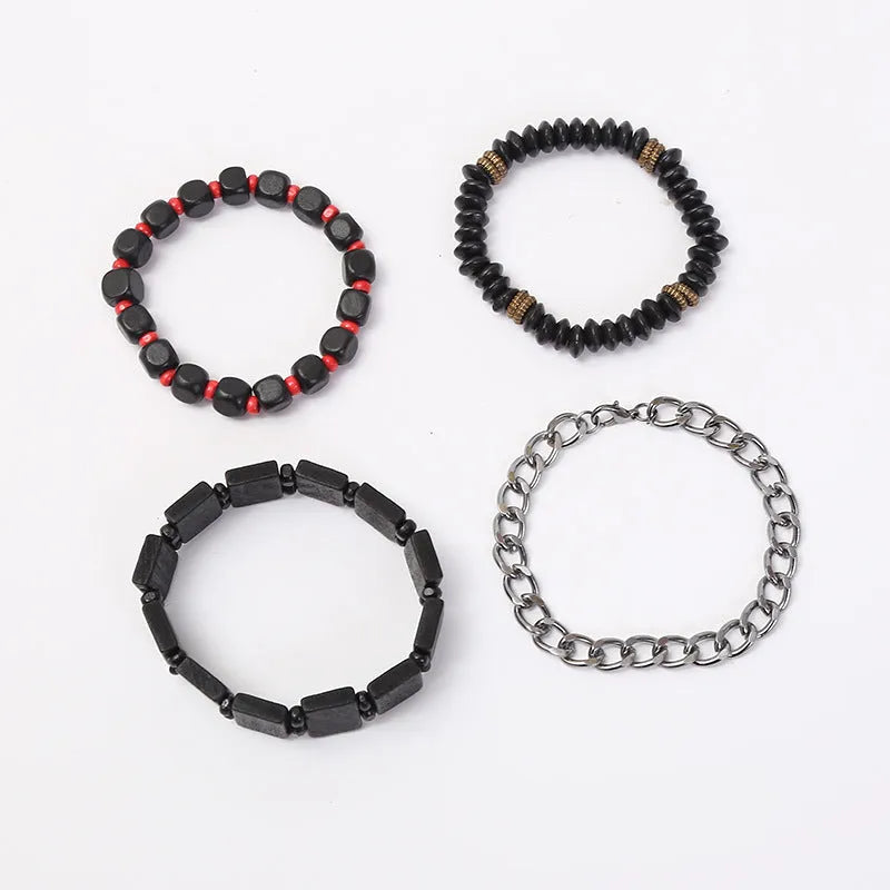 Four-piece alloy beaded bracelet set with handmade woven detail, unisex retro style, four colours