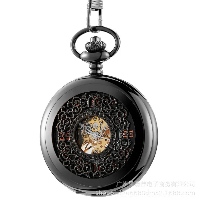 Retro automatic mechanical pocket watch with floral print dial and transparent back in gold colour.